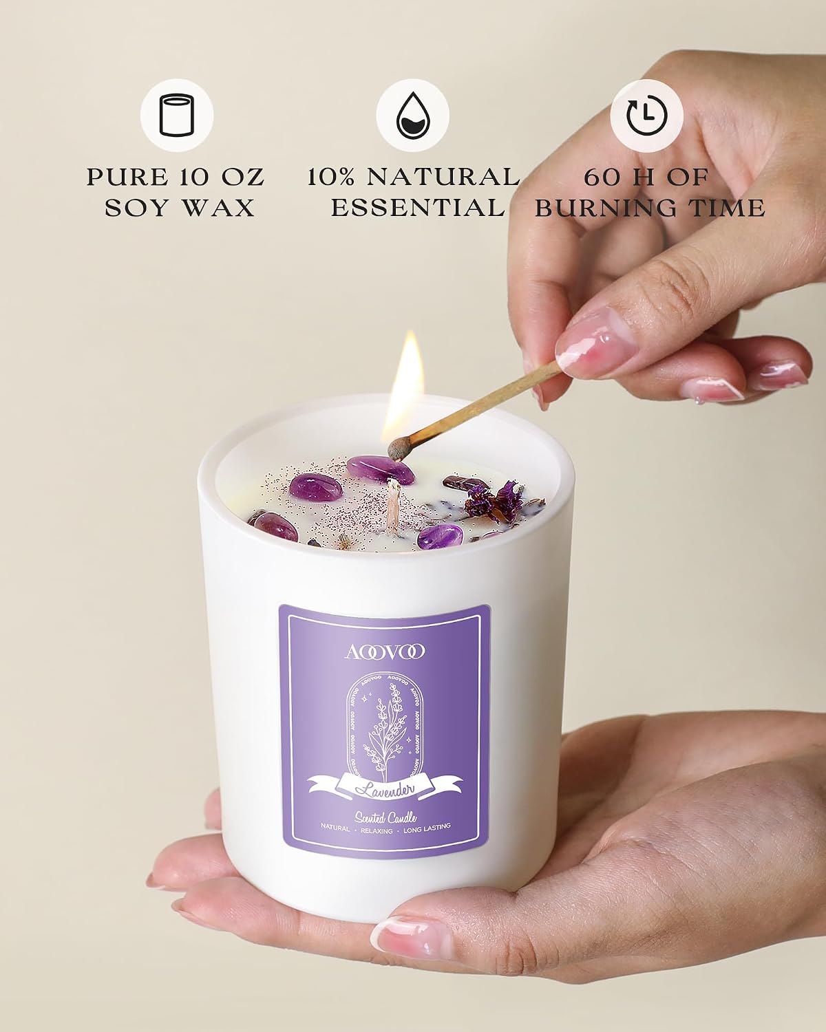 AOOVOO Lavender Scented Candles for Women - Aromatherapy Candle with Crystals Inside, 10oz Soy Candles for Home Scented, Birthday Gifts Mothers Day Candle for Women Mom