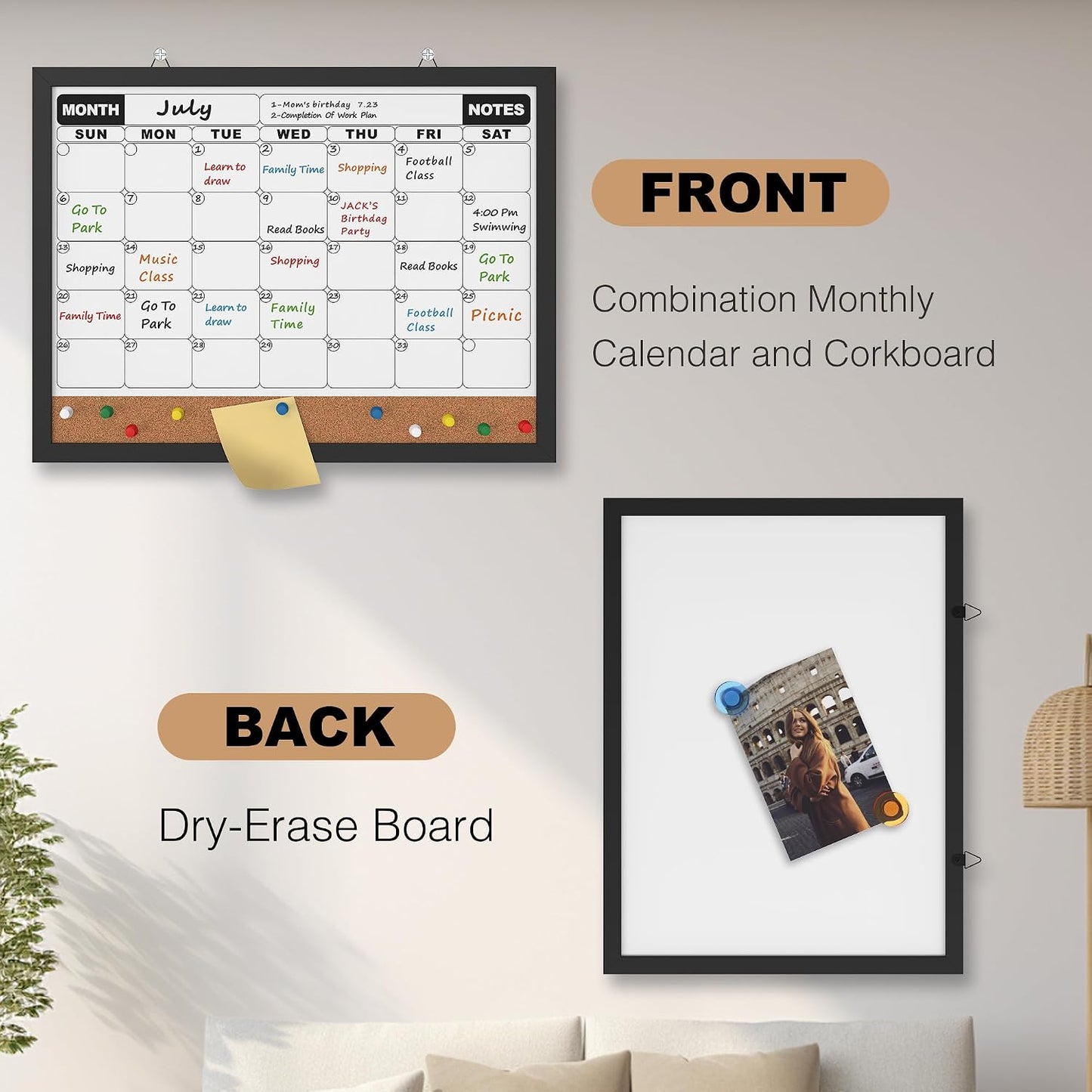Monthly Calendar Dry Erase Board 16x12 Inch, Double-Sided Whiteboard and Corkboard Combo, Wall Mounted Planner Organizer with Markers, Magnets, Push Pins, Eraser, for Home Office School