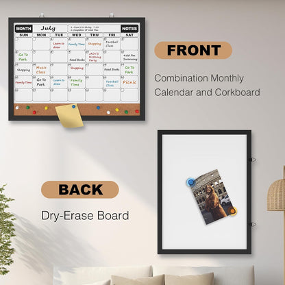 Monthly Calendar Dry Erase Board 16x12 Inch, Double-Sided Whiteboard and Corkboard Combo, Wall Mounted Planner Organizer with Markers, Magnets, Push Pins, Eraser, for Home Office School