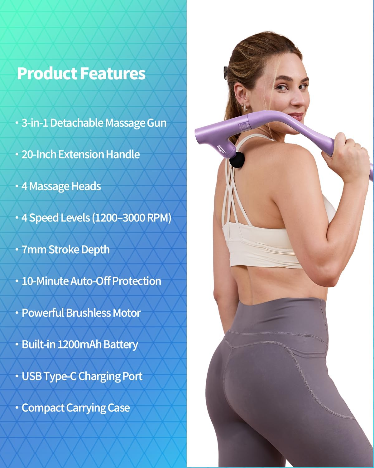 3-in-1 Detachable Massage Gun Deep Tissue, Ergonomic Extension Handle Back Massager for Pain Relief, Portable Percussion Muscle Massager for Shoulder, Thigh, Waist & Neck, FSA-HSA Eligible