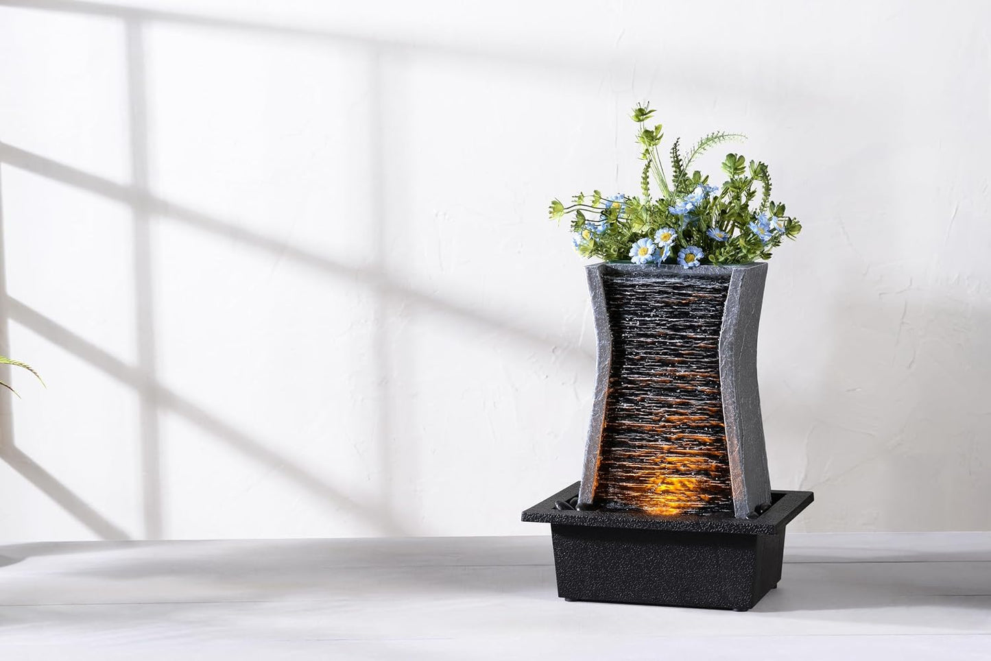 GOSSI 3-Tier Stone Wall Tabletop Water Fountain with Natural River Rocks, LED Lights, Zen Meditation Waterfall for Office and Home Decor, Relaxing Desktop Fountain, Christmas Decoration