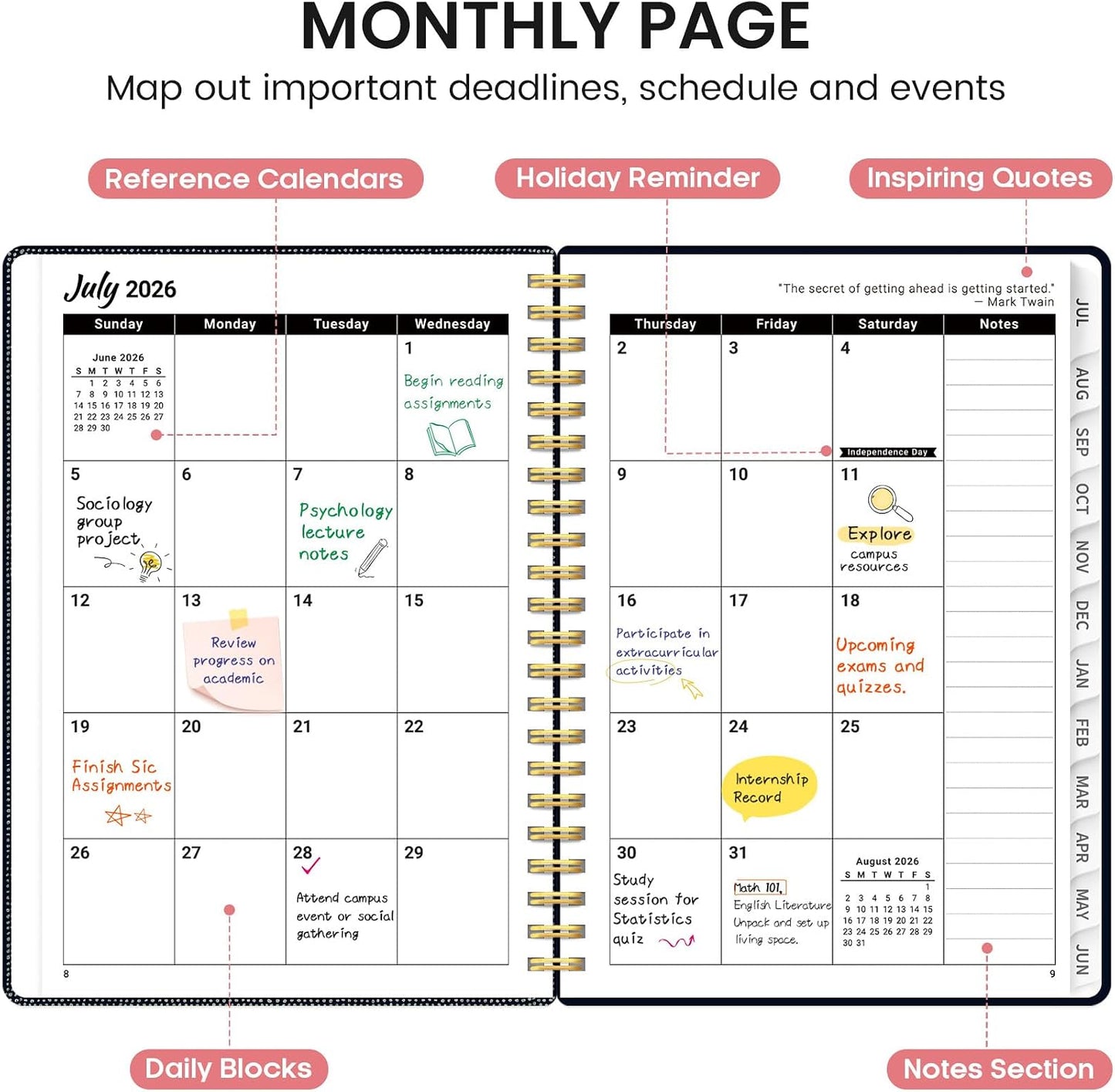 Planner 2026-2027, Academic Monthly and Weekly Calendar Planner for Women, July 2026 - June 2027, Hardcover Pretty Agenda Planner Book with Tabs, Spiral Daily Organizer for School Office Home Supplies, 6.3" x 8.5" - Blue Floral