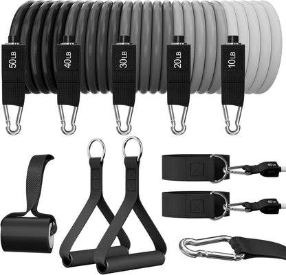WHATAFIT Resistance Bands, Exercise Bands, Workout Bands with Handles, Door Anchor and Ankle Straps, 5 Resistance Levels Fitness Bands for Strength Training, Physical Therapy, and Home Gym Equipment