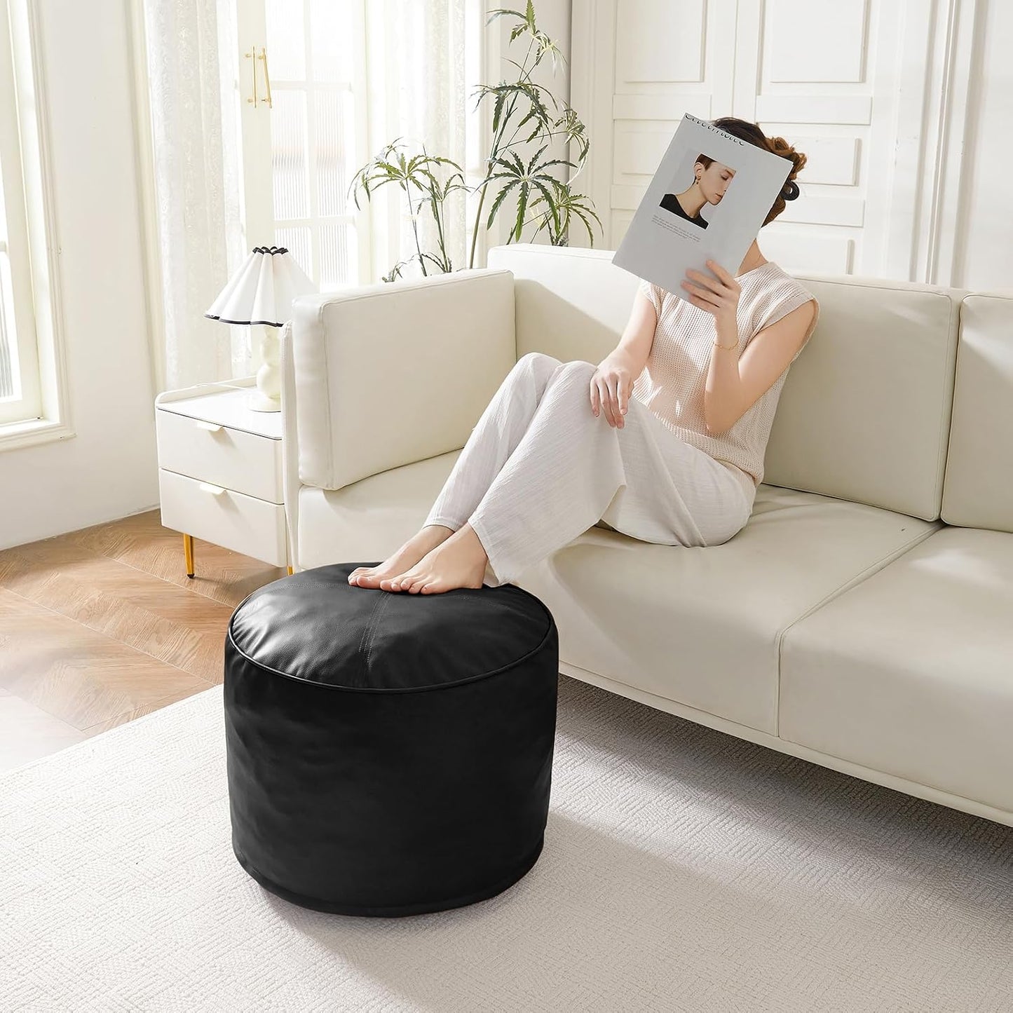 HIGOGOGO Round Stuffed Pouf Ottoman, Pu Leather Poufs with Foam Chunk Filling, Furry and Fluffy Pouf Foot Stool Storage Ottoman, 20 X 15 Floor Poufs Foot Rest for Living Room,Dark Brown