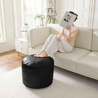 HIGOGOGO Round Stuffed Pouf Ottoman, Pu Leather Poufs with Foam Chunk Filling, Furry and Fluffy Pouf Foot Stool Storage Ottoman, 20 X 15 Floor Poufs Foot Rest for Living Room,Dark Brown