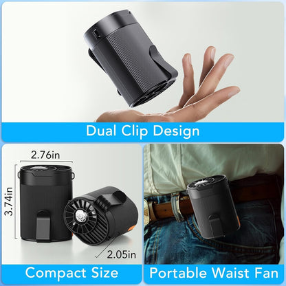 Portable Waist Fan, Rechargeable 3000mAh Battery, 25H Runtime, 6600RPM Turbo Dual Clip, 4 Speeds Adjustable, Belt Fans for Hiking, Riding, Fishing, Hands-Free Hanging Fan Gifts for Worker