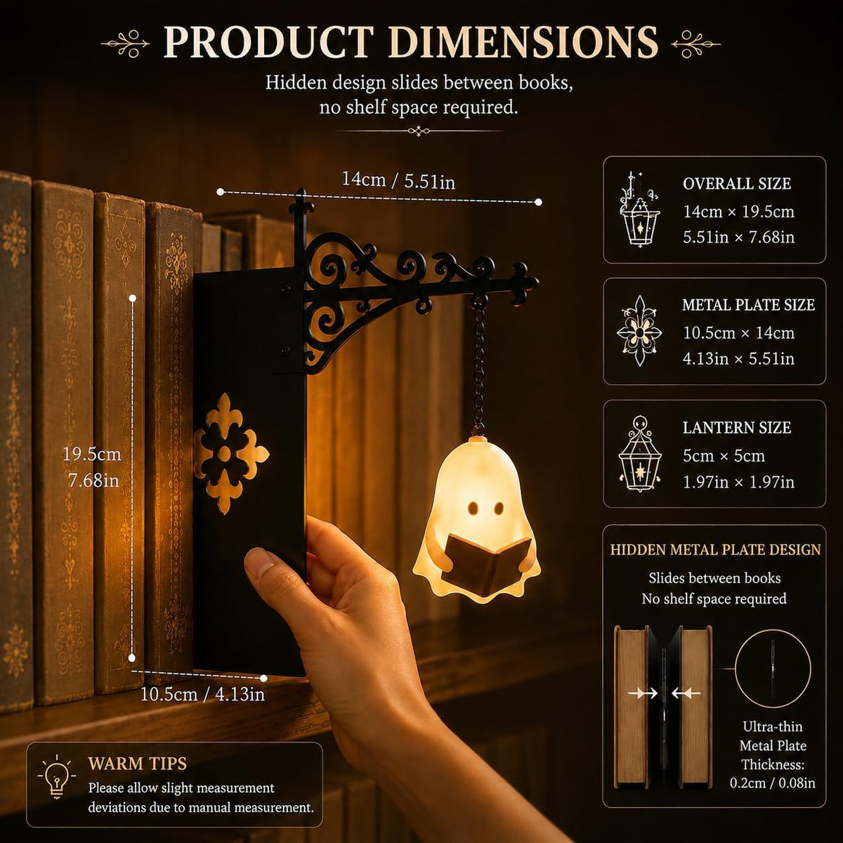 Library Lantern-Decorative Bookshelf Lighting, Mini Bookshelf Lamp Slides Between Books, Warm Amber LED Nook Light & Bookshelf Lantern for Book Nook, Shelf Decor Gift for Book Lovers(Reading Ghost)