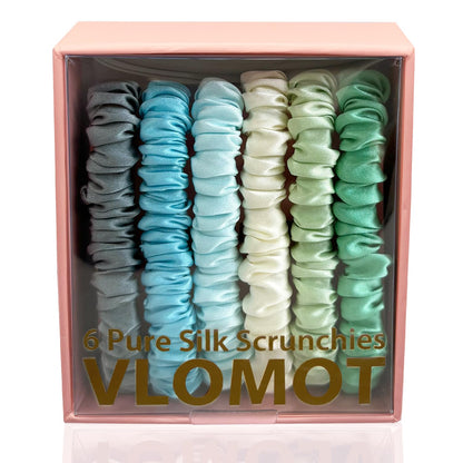VLOMOT 6 Pcs Set 100% Pure Mulberry Silk Hair Scrunchies - 6 Chic Colors Everyday Skinny Scrunchies Silk Ponytail Holders - No Damage (Purple)