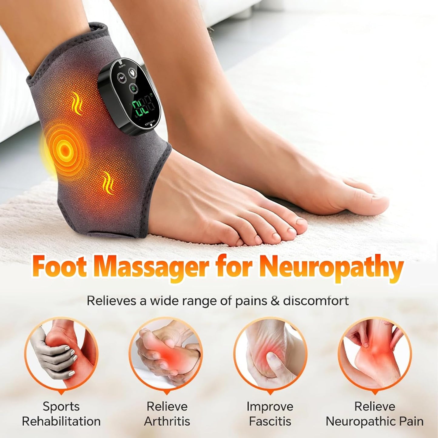 AWIL Rechargeable Ankle Foot Massager Wrap with Heat & Vibration, 6 Heating Levels & 3 Vibration Modes, Adjustable Wearable Massager for Foot Ankle Calf Wrist, Portable for Home Office Travel-1pcs