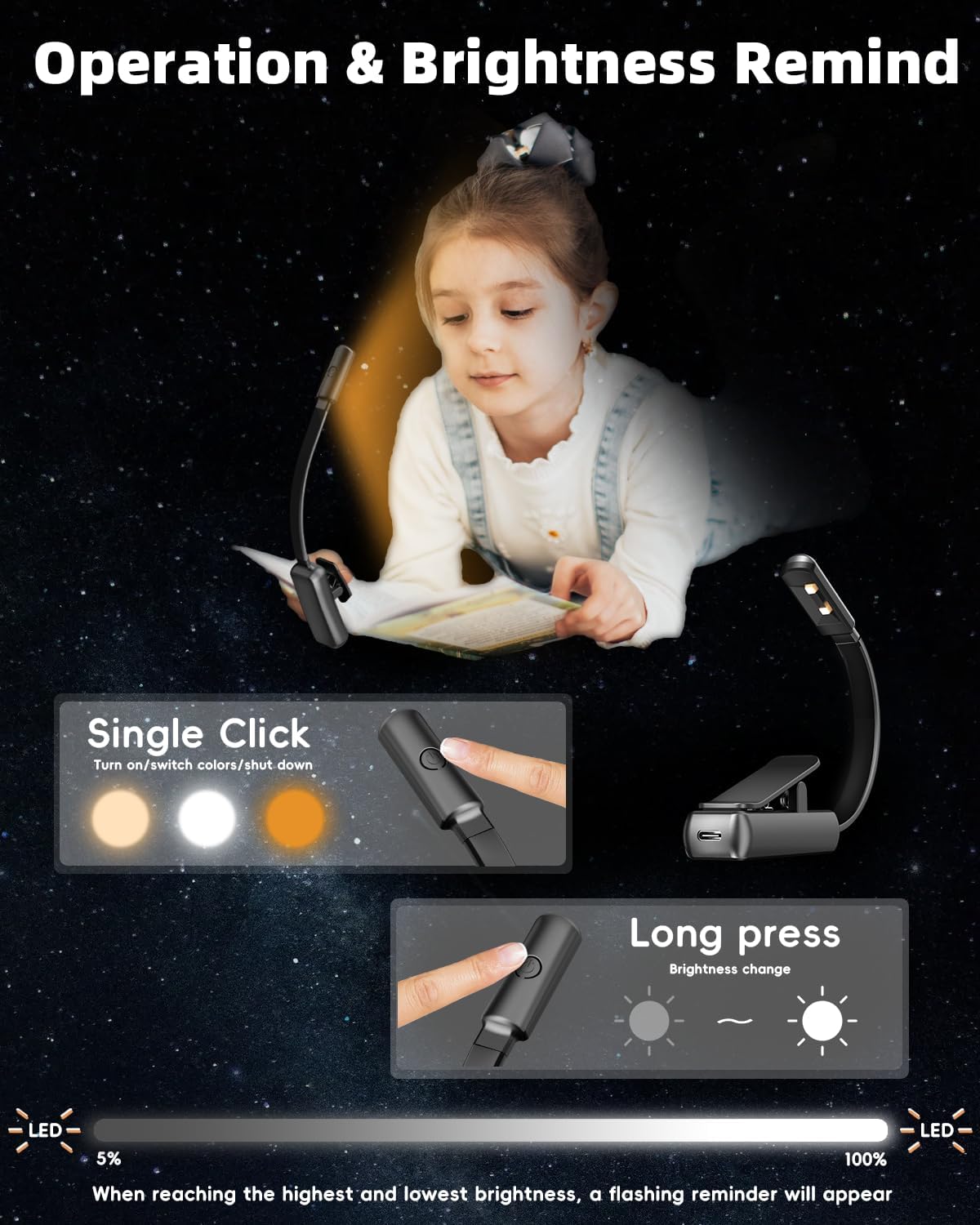 Book Light,Reading Lights for Books in Bed,AAA Battery Clip-On Led Reading Light with 3 Colors & Stepless Dimming,Portable and Ultra-Lightweight with Long Runtime(DarkBlack)