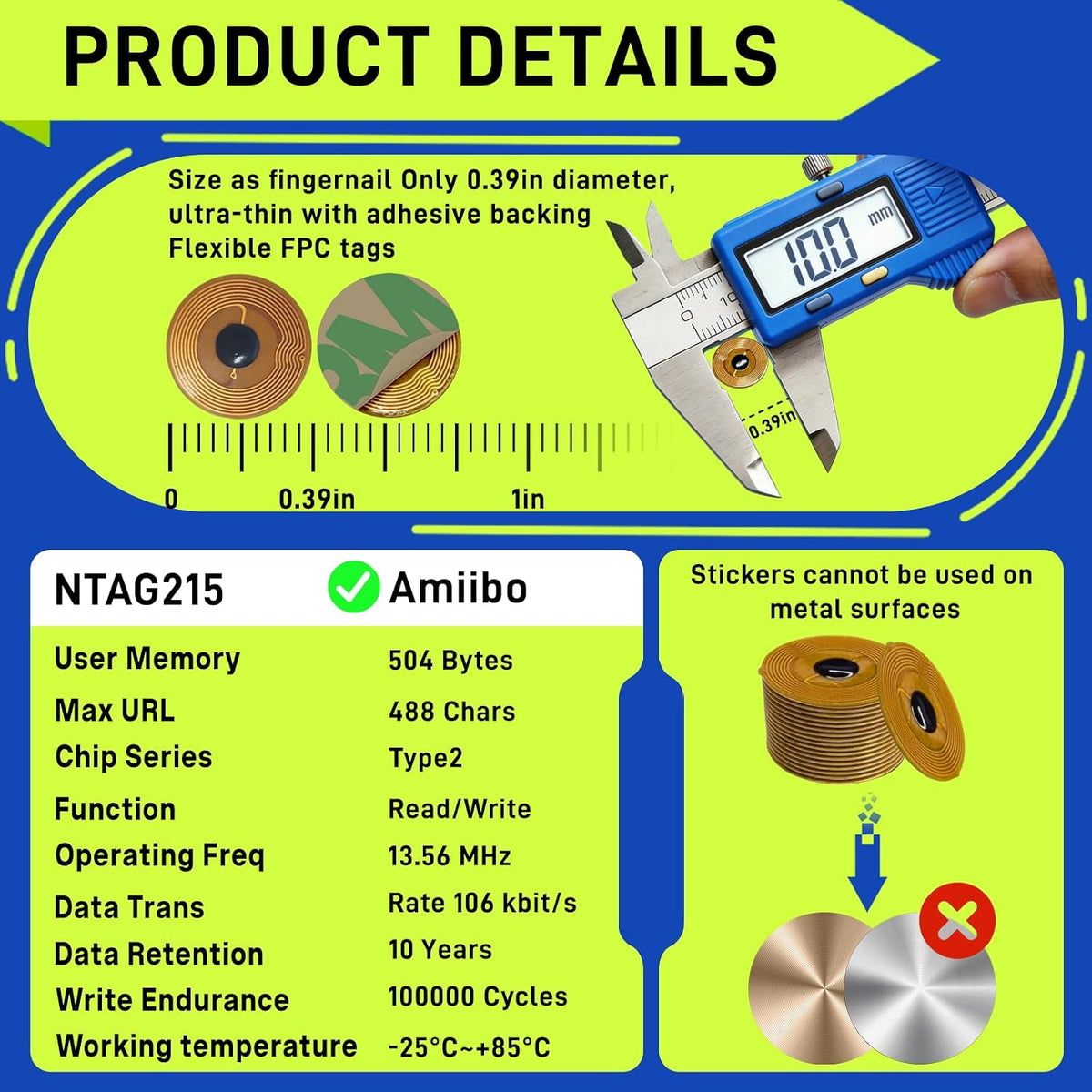 NFC Tags NTAG215 FPC Tag Stickers, Flexible Smart Nail Electronic Tags NFC Key Tag Waterproof Programmable RFID Sticker 10mm Round