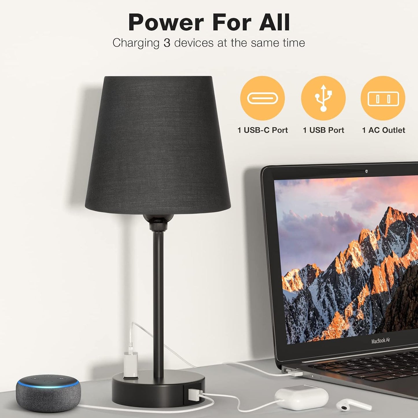 Mini Bedside Lamps for Bedrooms Set of 2 - Nightstand Bedroom Lamps with USB C Port and AC Outlet Charging, Dimmable Touch Small Bed Side Table Lamp, Black Night Stand Light for Kids/Guest Room