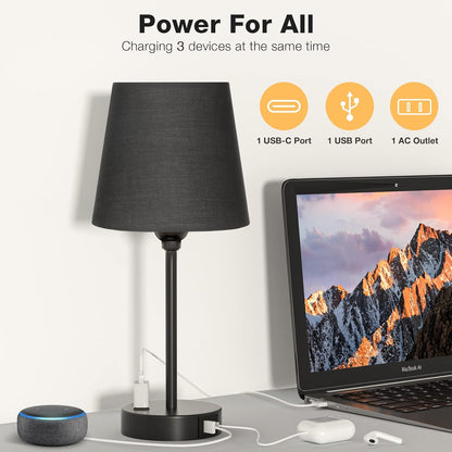 Mini Bedside Lamps for Bedrooms Set of 2 - Nightstand Bedroom Lamps with USB C Port and AC Outlet Charging, Dimmable Touch Small Bed Side Table Lamp, Black Night Stand Light for Kids/Guest Room