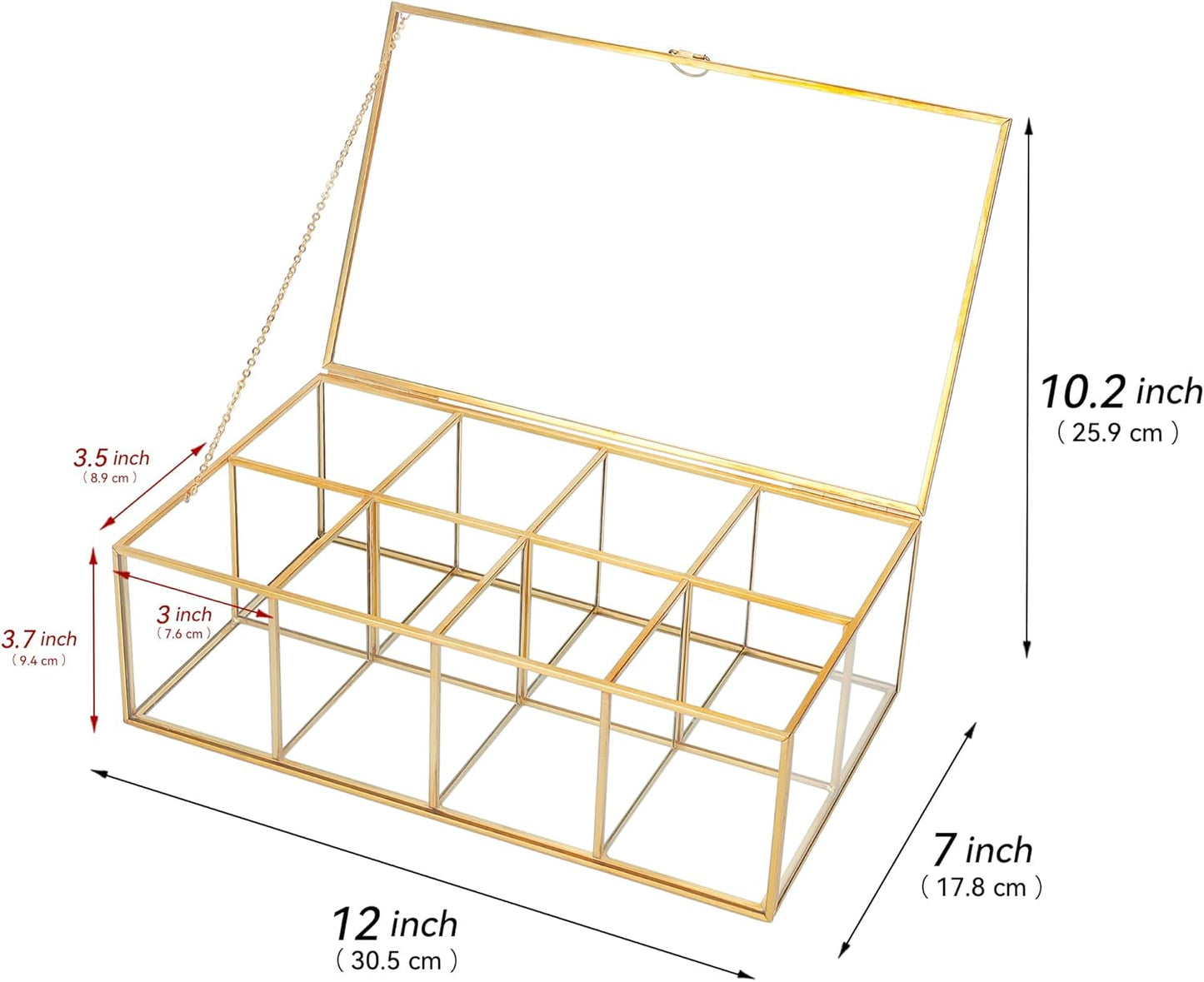 REDHUGO Glass Tea Bag Organizer with 8 Compartments, Handmade Large Tea Bag Storage Box for Counter Kitchen, Tea Bag Holder,Tea Storage Containers with Lid,Tea Accessories Gifts for Tea Drinkers,Gold