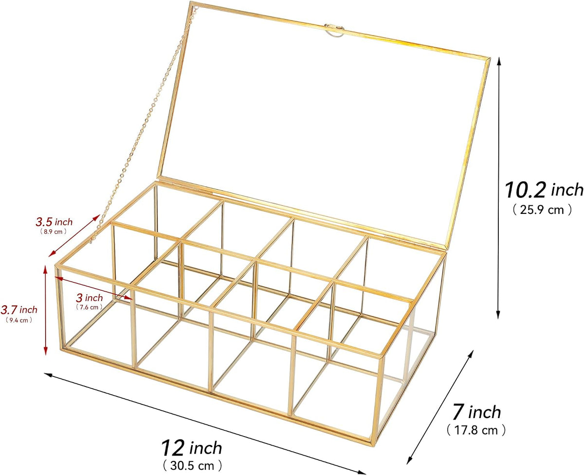 REDHUGO Glass Tea Bag Organizer, 8-Compartment Tea Storage Box, Gold