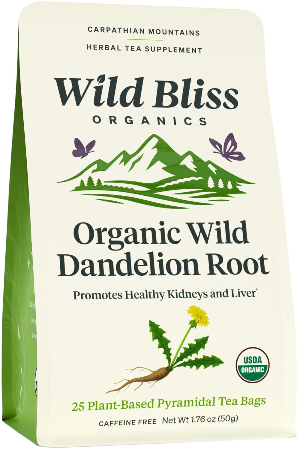 Wild Bliss Organic Wild Raw Dandelion Root Tea - Pharmacopoeia Quality Caffeine Free Herbal Detox Support - 25 Plant Based Tea Bags