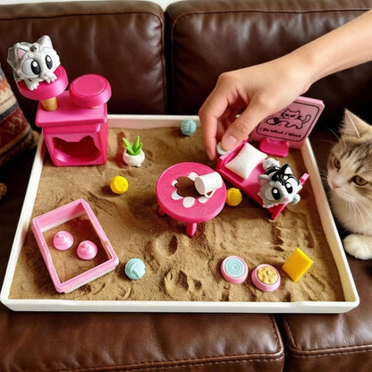 Mini Zen Garden for Desk, Cat Sand Tray Decor Gift Set