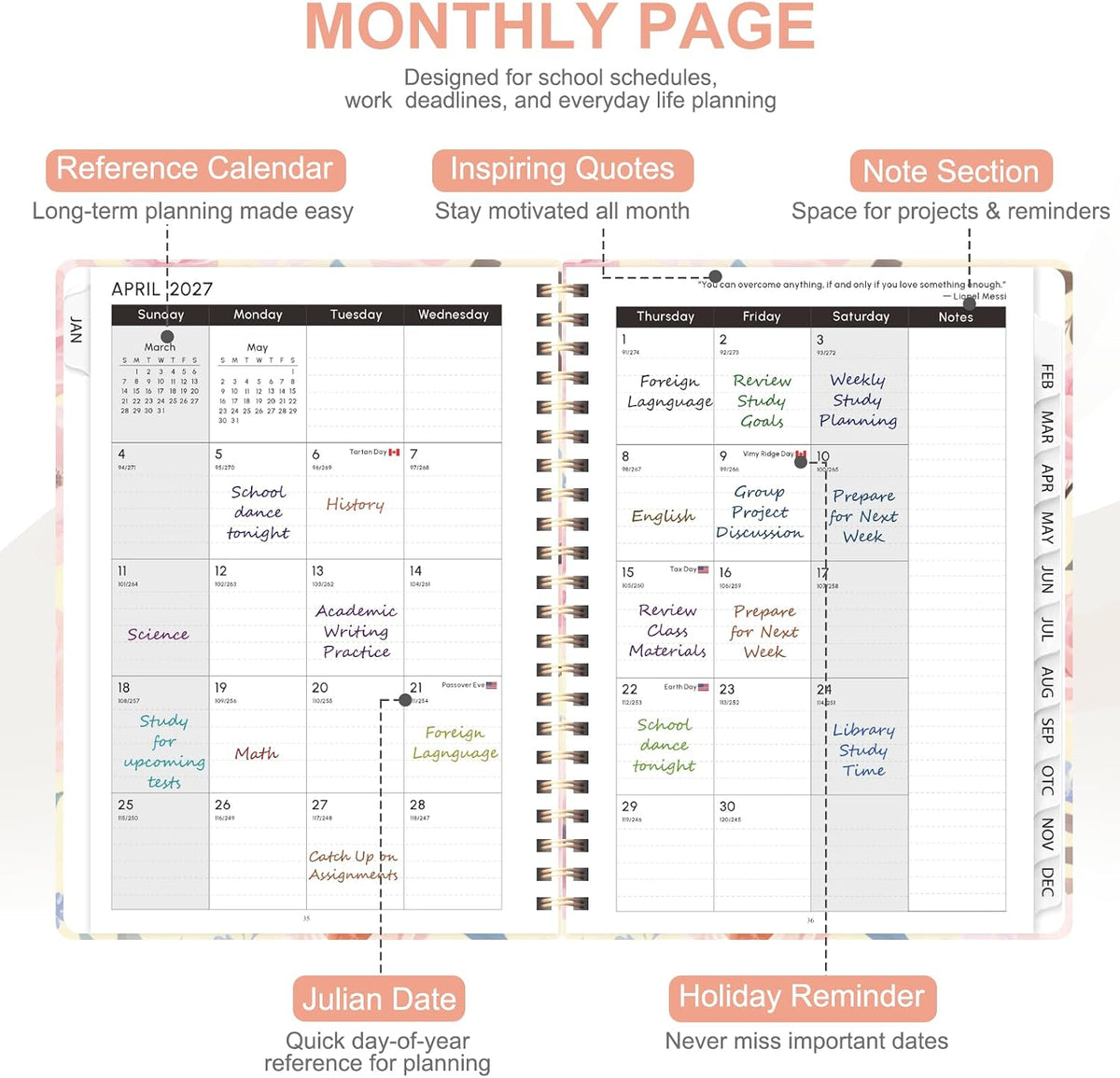 Planner 2026-2027, Weekly and Monthly Calendar Planner, JUL 2026 - JUN 2027 - Colors B