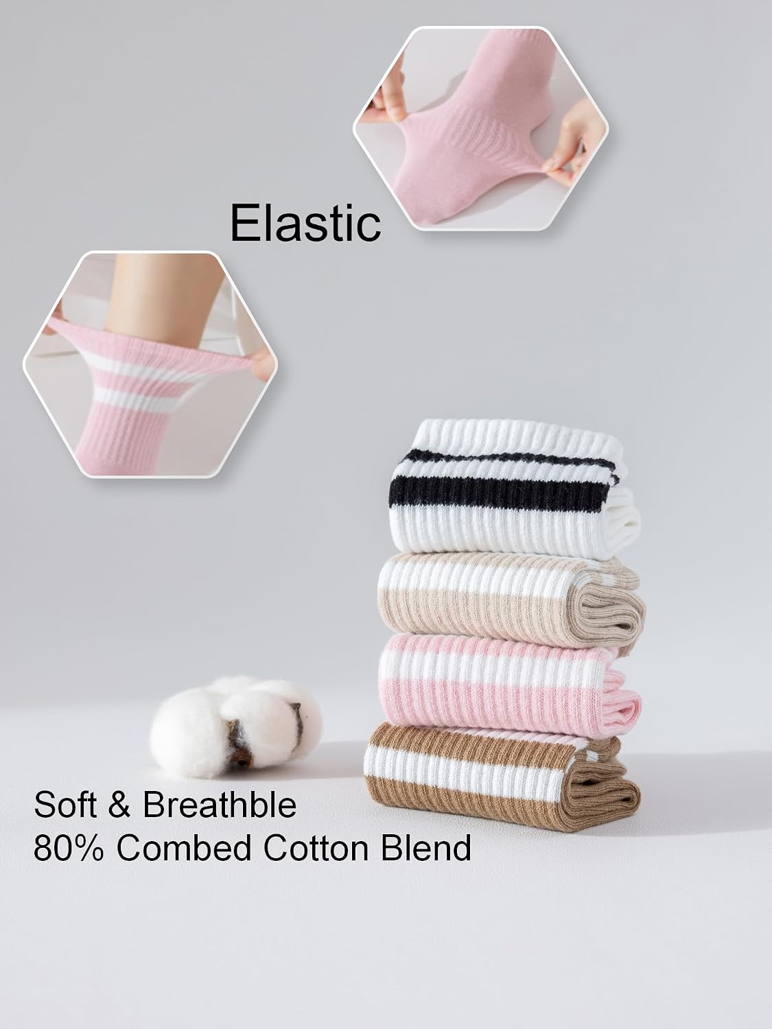YUWELL Womens Striped Crew Socks, Cotton Cozy Casual Socks for Women 4 Pairs, Size 5-10