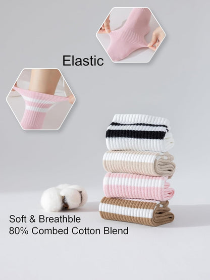YUWELL Womens Striped Crew Socks, Cotton Cozy Casual Socks for Women 4 Pairs, Size 5-10