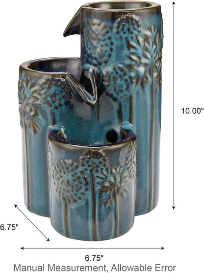 Glitzhome Ceramic Tabletop Tiered Water Fountain with Pump and LED Light 8.75'' Turquoise Leaf Textured Water Fountain Zen Decor for Indoor and Home Decoration Table Desk Office Patio