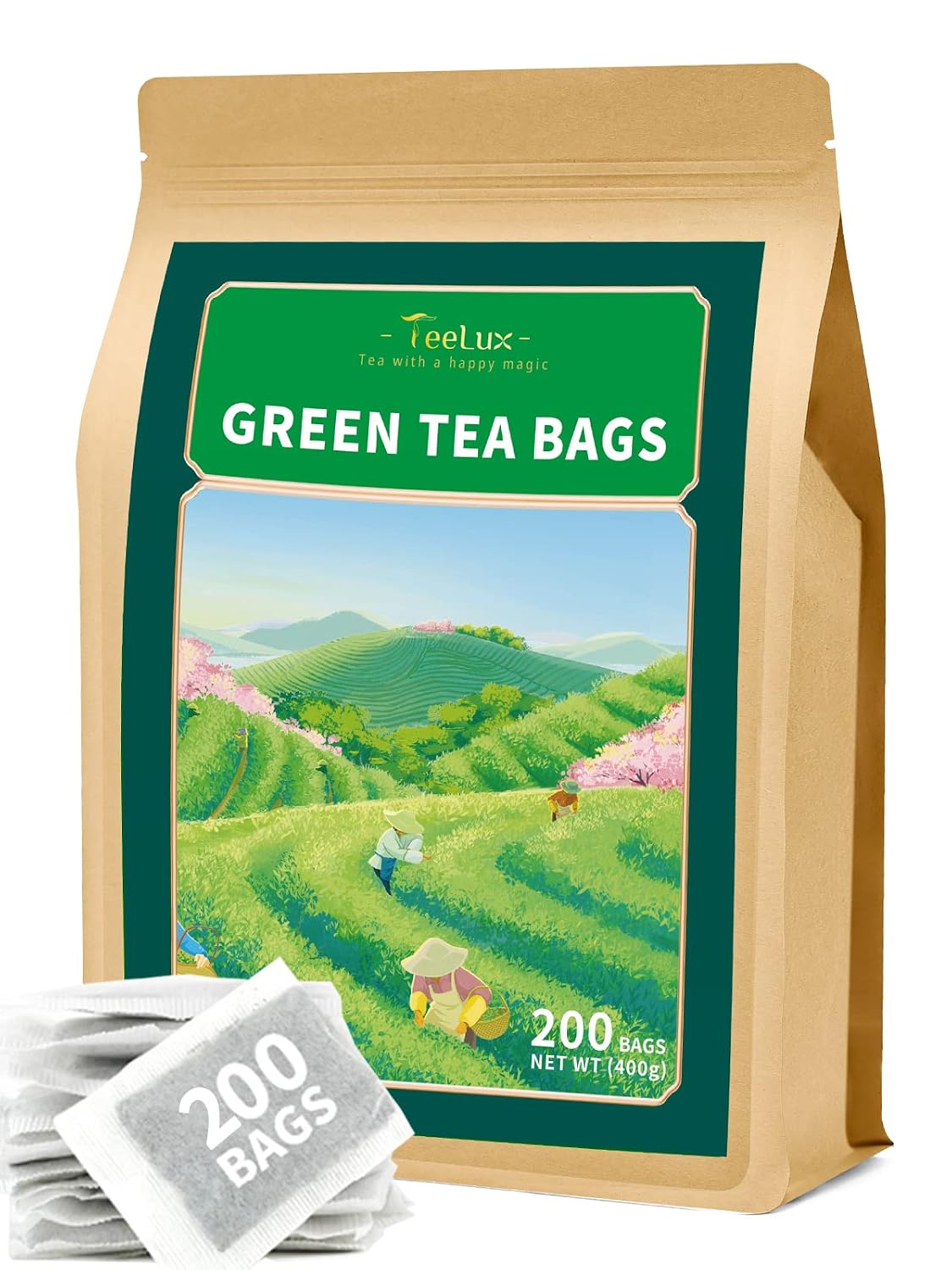 TeeLux Green Tea Bags, Pure Green Tea, Super Antioxidant, Caffeinated 200ct