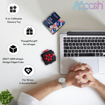 Fidget Cube - 9-in-1 Sensory Desk Toy ADHD Anxiety Relief [BlkRed] | Silent office desk toy, features ACU rollers, clickable fan, pen slider, bearing balls, ultimate focus decompression pack