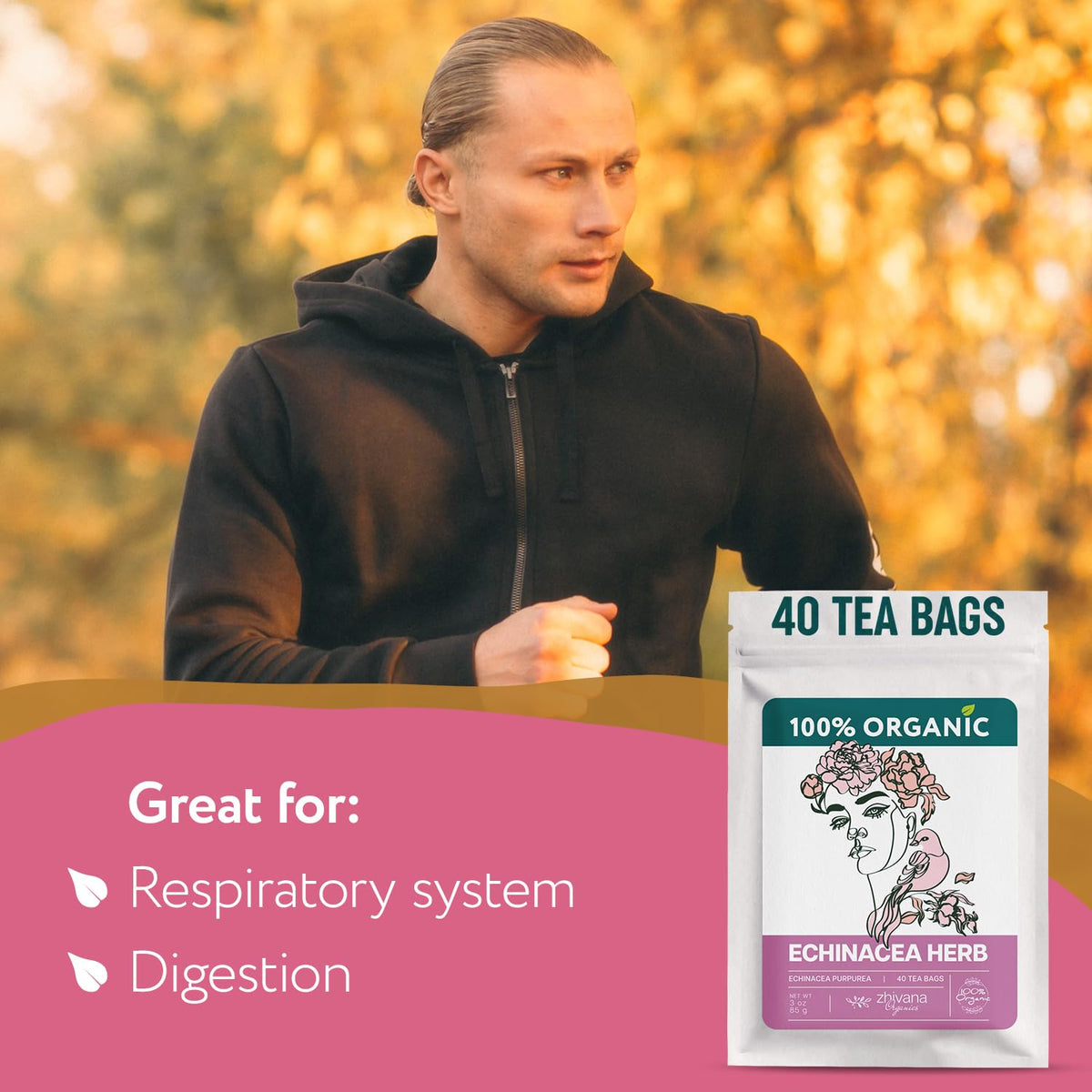 Echinacea Tea Organic (40 Bleach-Free & Microplastic-Free TeaBags) - Natural Immunity Support