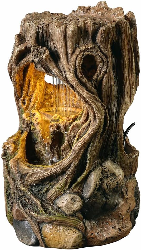 GOSSI Indoor Water Fountain Stump Rain Drop Meditation Desk Fountain Artistic Relaxation Waterfall for Home and Office Decor (22013)