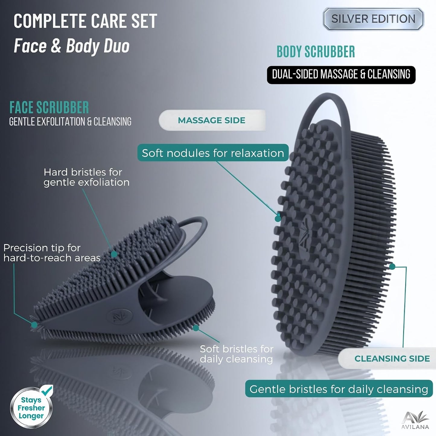 Avilana Premium Silicone Body Scrubber - Trusted Since 2017 - SGS Certified Food Grade Dual Sided Bath Brush, Quick-Dry Exfoliating Loofah Alternative, Massage Brush Sensitive Skin Women Men