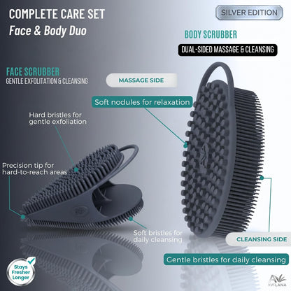 Avilana Premium Silicone Body Scrubber - Trusted Since 2017 - SGS Certified Food Grade Dual Sided Bath Brush, Quick-Dry Exfoliating Loofah Alternative, Massage Brush Sensitive Skin Women Men