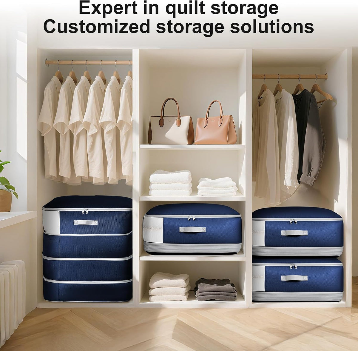 Comforter Storage Bag - 130L Large Capacity Blanket Storage Bags 4-Layer Ultra Space Saving Self Compression Organizer, Washable Compression Bags for Storage Comforter Blanket, Beige