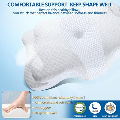 CHxxy Cervical Neck Pillow for Pain Relief Sleeping, Memory Foam Pillows, Ergonomic Side Sleeper Pillows, Cooling Orthopedic Neck Support Pillow for Back Stomach Sleepers-Queen Size Grey&Grey