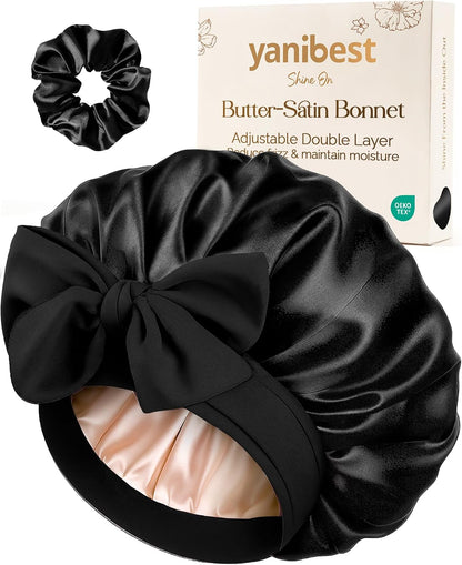 YANIBEST Adjustable Double Layer Satin Bonnet, Silk Hair Bonnet for Sleeping with Elastic Tie Curly Natural Hair Reduce frizz