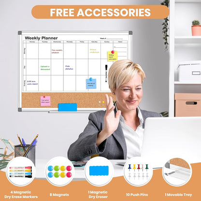 Weekly Dry Erase Calendar Whiteboard for Wall, 24" x 18" Double-Sided Weekly Planner White Board Cork Combo, Hanging & Wall Mount Week Bulletin Board with Notes for Home, Office, School, Kitchen