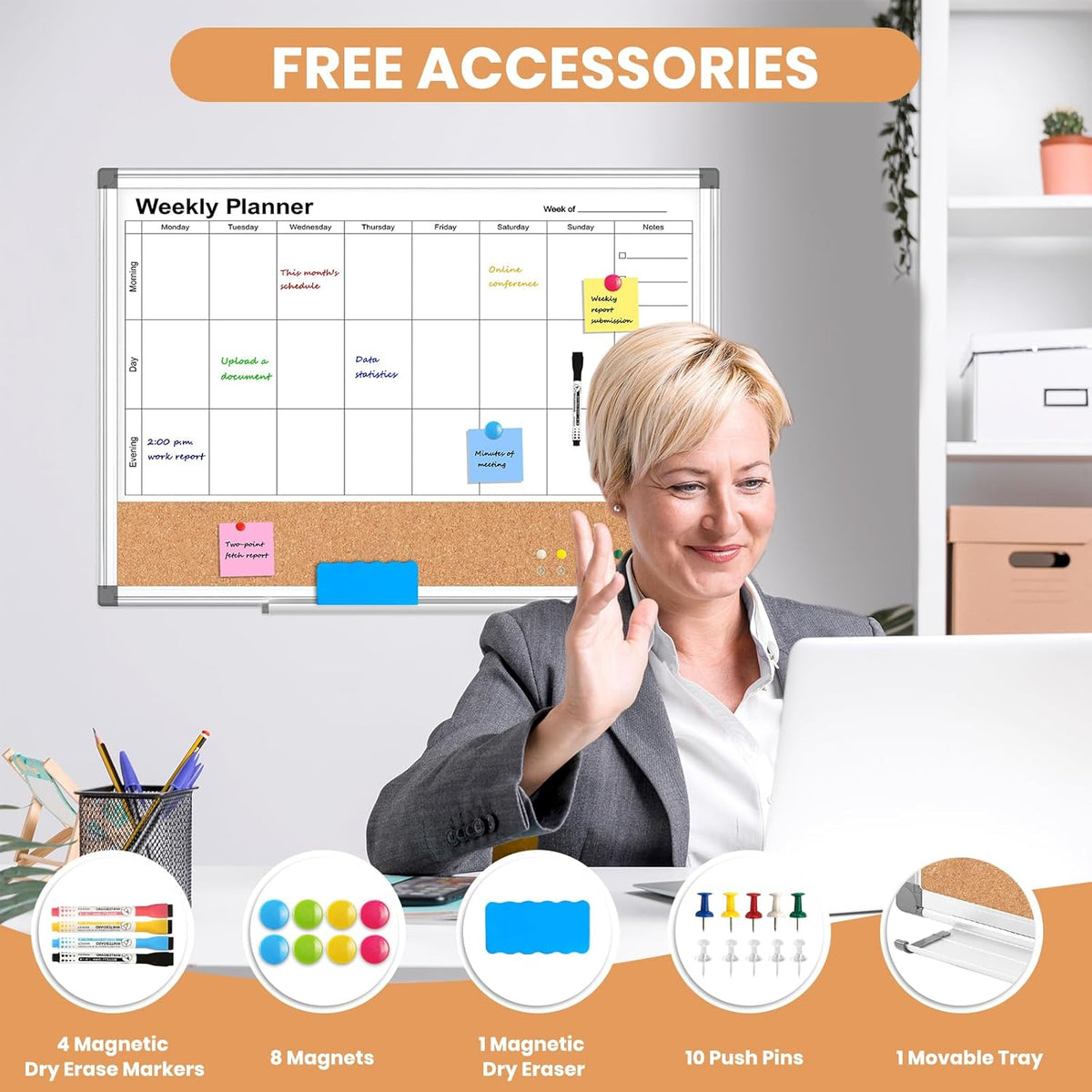Weekly Dry Erase Calendar Whiteboard for Wall, 24" x 18" Cork Week Planner