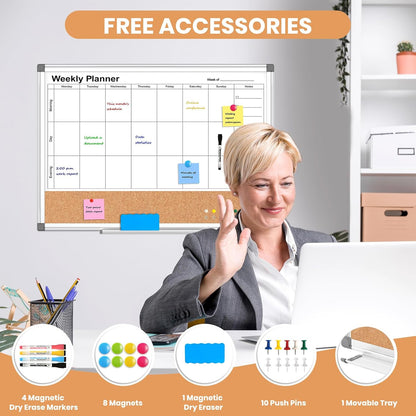 Weekly Dry Erase Calendar Whiteboard for Wall, 24" x 18" Cork Week Planner