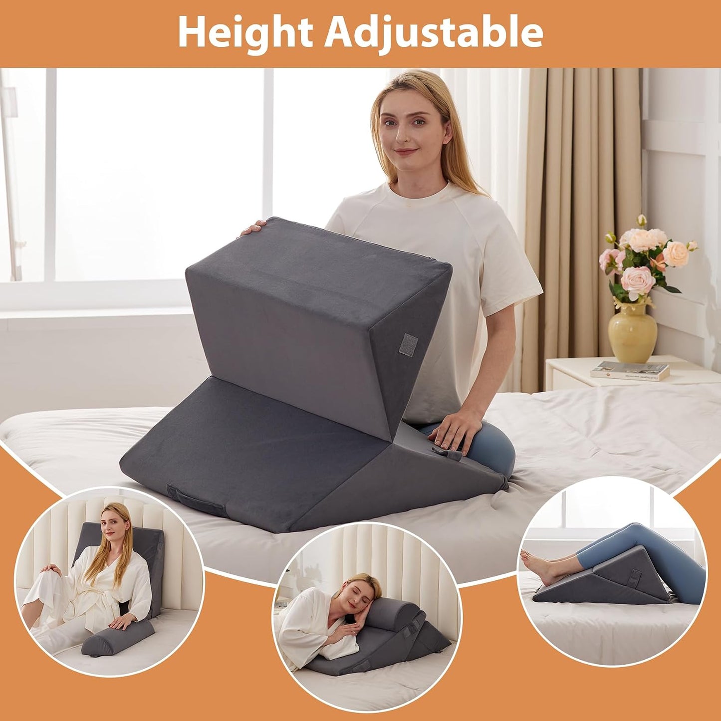 BIEEZZK Wedge Pillow Set for After Surgery, Wedge Pillow for Acid Reflux, Bed Wedge Pillow with Adjustable 9&12inch for Headboard,Sleeping, Orthopedic Memory Foam for Neck&Back Support, White/Grey