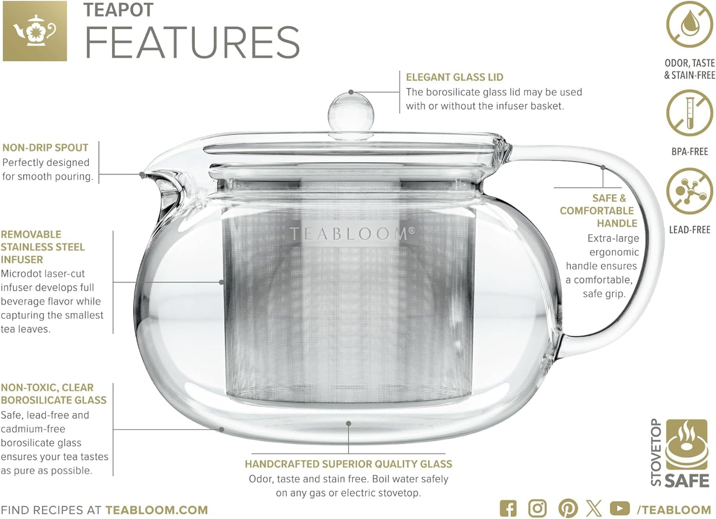 Teabloom Kyoto 2-in-1 Tea Kettle and Tea Maker – Glass Teapot with Removable Loose Tea Infuser – Tea Connoisseur's Choice