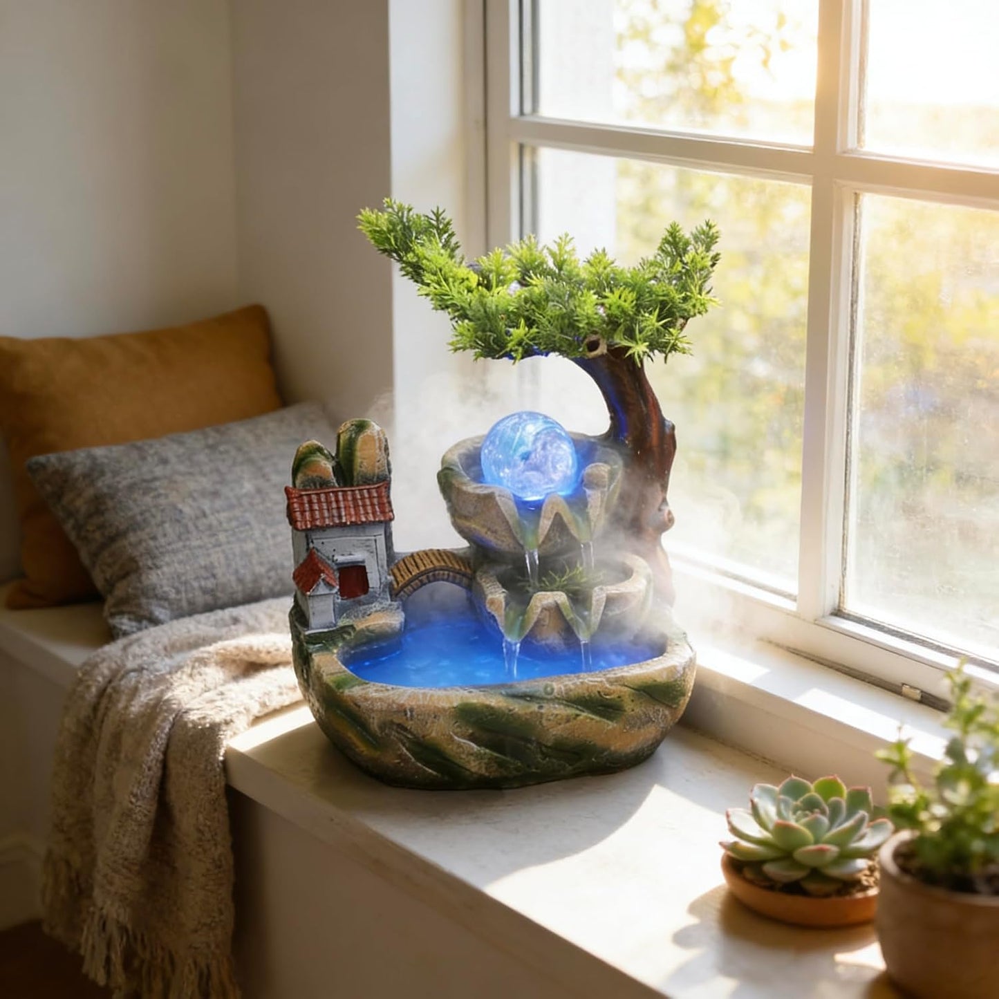 Mini Artificial Bonsai Tree Waterfall Fog Feature Rock Tabletop Fountain | 11in Desktop Decor Waterfall Fountain W/ Water Pump& Atomizer&LED Lights &Fake Tree Office Bedroom Relax