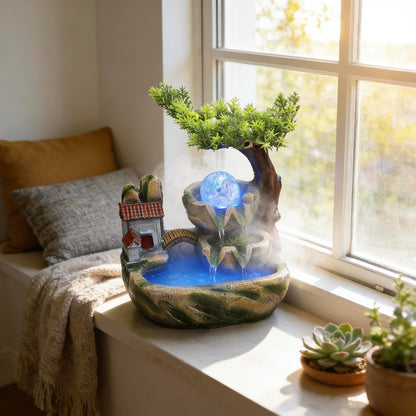 Mini Artificial Bonsai Tree Waterfall Fog Feature Rock Tabletop Fountain | 11in Desktop Decor Waterfall Fountain W/ Water Pump& Atomizer&LED Lights &Fake Tree Office Bedroom Relax