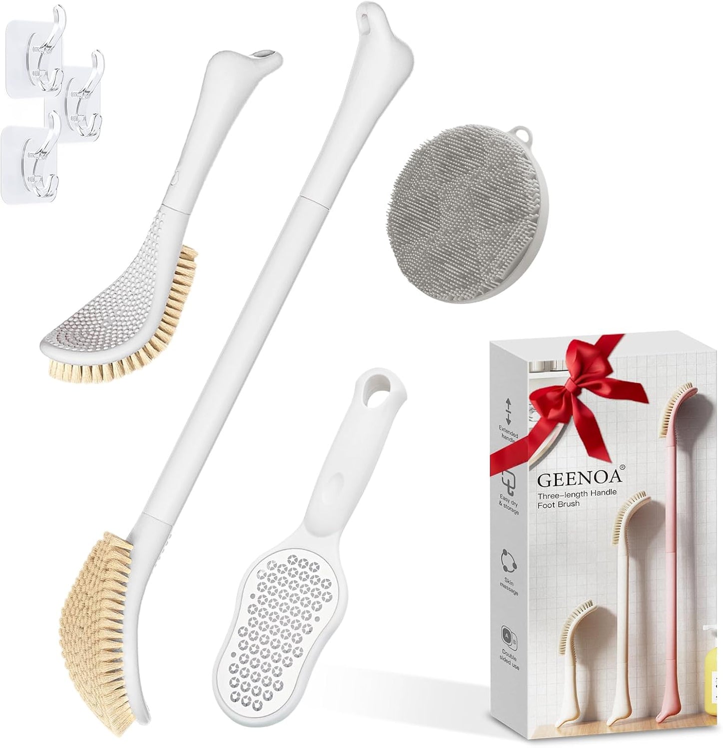 New Foot Brush with Adjustable Long Handle, 3-in-1 Foot Scrubber for Wet or Dry Brushing, 10.2’’- 27.5’’ Foot Scrub Brush for Senior, Pregnant, Disabled, or Injured, Gift-Box Packed(White)
