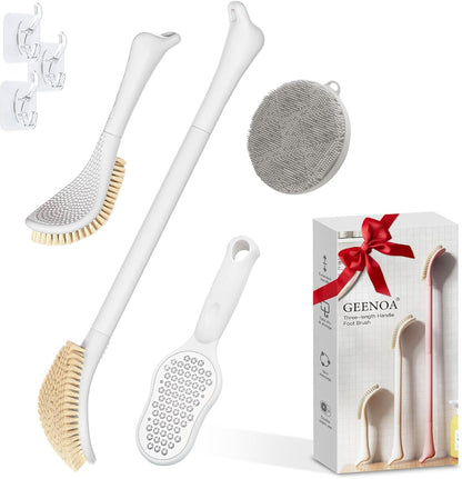 New Foot Brush with Adjustable Long Handle, 3-in-1 Foot Scrubber for Wet or Dry Brushing, 10.2’’- 27.5’’ Foot Scrub Brush for Senior, Pregnant, Disabled, or Injured, Gift-Box Packed(White)
