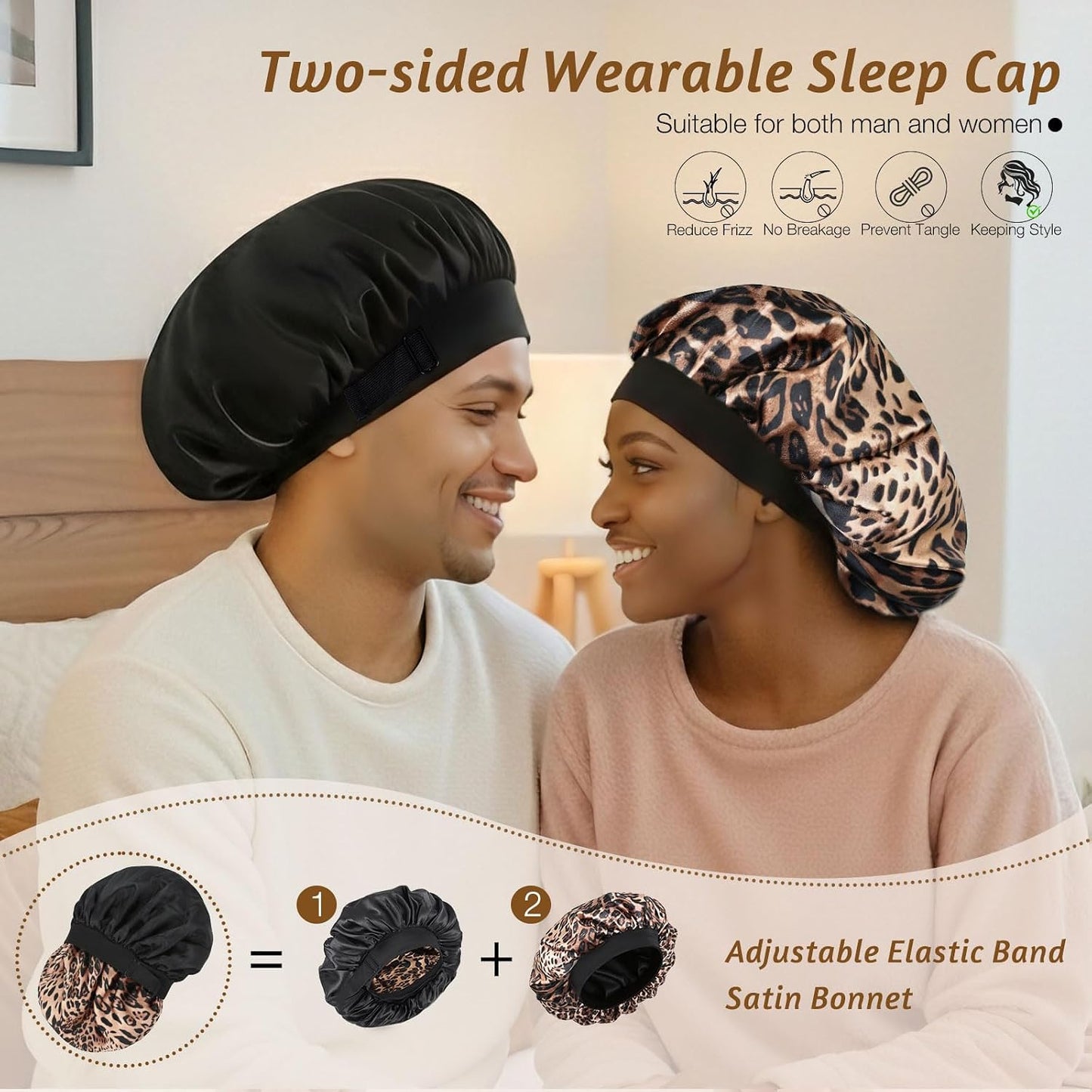 Silk Bonnet for Sleeping Double Layer Satin Bonnet Adjustable Bonnets for Black Women Sleep Cap Reversible Hair Bonnet for Curly Hair (Black and Purple)
