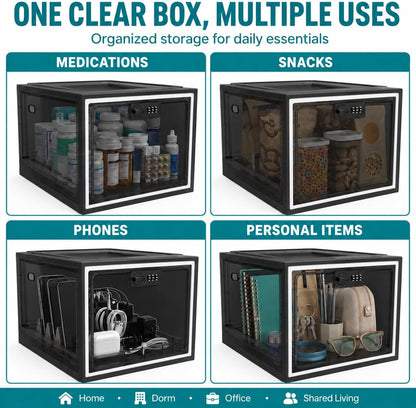 2 Pack Large Medication Lock Box with Code, Clear Lockable Storage Box for Refrigerator, Cabinet & Dorm, Stackable Medicine Box for Prescriptions, Snacks, Phone, 11.9" x 9.3" x 7.6", Black