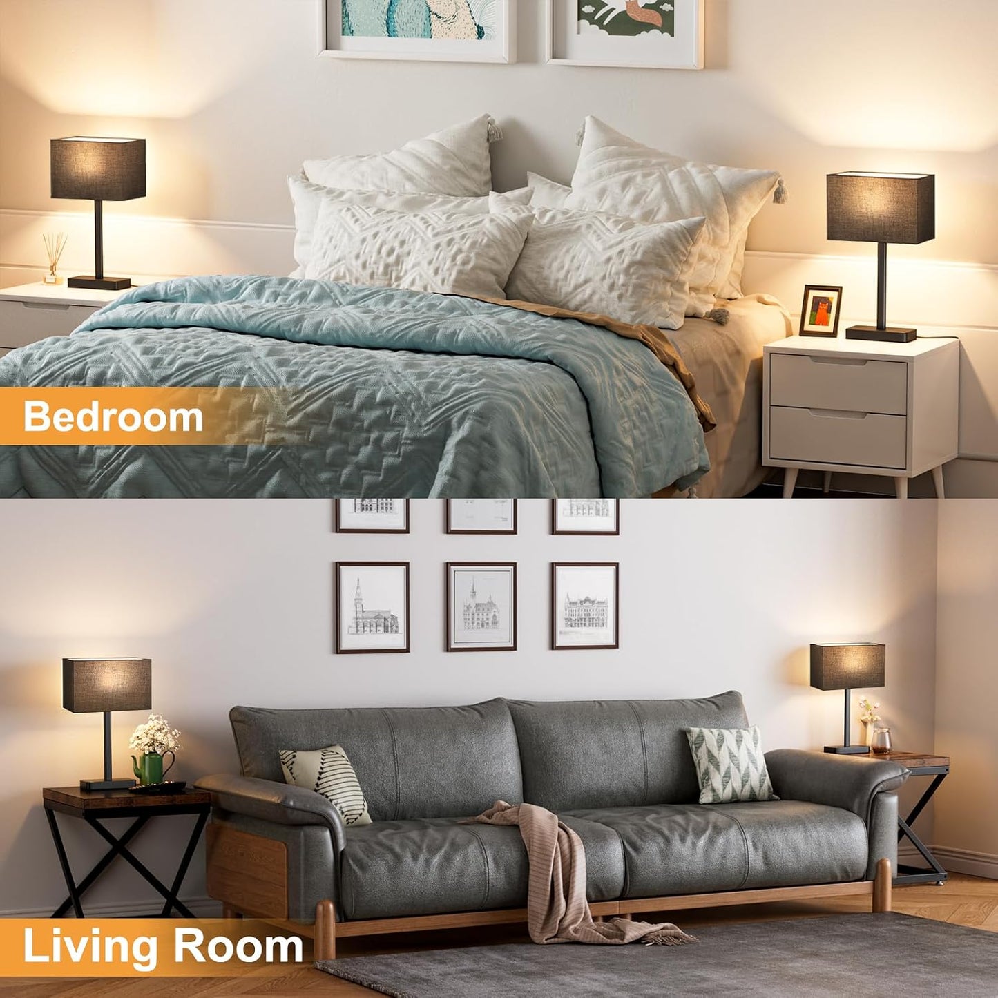 Hong-in Touch Lamps for Bedroom - 3-Way Dimmable Bedside Lamps Set of 2 with USB C+A, Grey Modern Table Lamp for Night Stands, Desk Lamp for Living Room Nightstand End Tables Bed Side