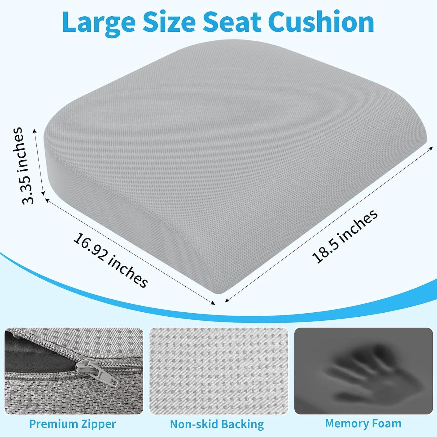 TranquilRelax Large Seat Cushion, Memory Foam Cushion for Long Sitting Hours on Office Chair, Car Seat, Non-Slip Chair Pad for Sciatica, Coccyx, Tailbone Pain Relief & Post-Surgery Recovery (Black)