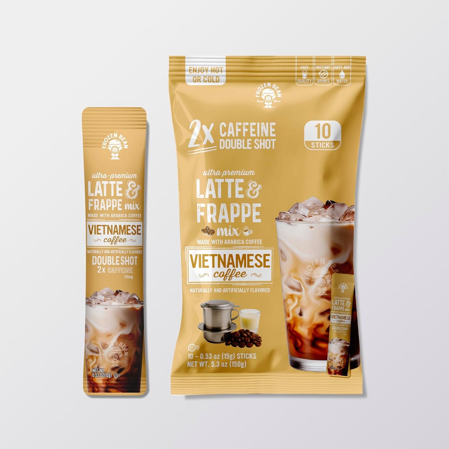 The Frozen Bean Vanilla Bean Frappe & Latte Instant Mix (10 Sticks), Made with Arabica Coffee, Double Shot Caffeine, Low Sugar & Premium Ingredients, Hot, Iced, or Blended Drinks