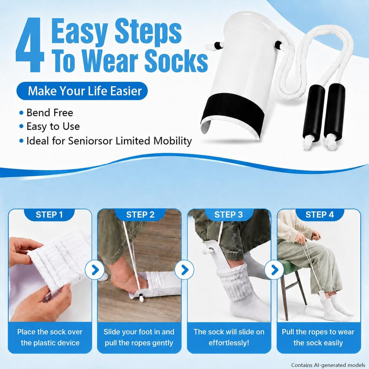 Sock Aid,Sock Aids for Putting On Socks Kit,Sock Helper for Seniors with Adjustable Shoe Horn,Sock Assistant Device No Bending Easy Put on Socks Without Bending for Elderly Disabled After Surgery