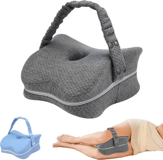 Knee Pillow for Side Sleepers & Sciatica Pain Relief, Memory Foam Leg Pillow for Side Sleeping with Detachable and Adjustable Strap, Two Covers, Blue& Grey, Gifts for Men and Women, One Pillow Only